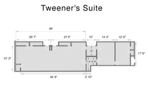 Plano de planta y dimensiones de la suite Tweener para necesidades especiales