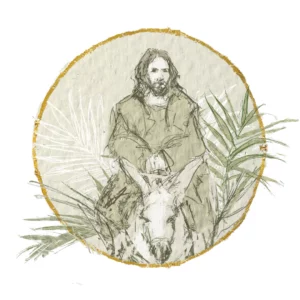 icon representing the passion week of Jesus with Jesus riding on a donkey and palm branches